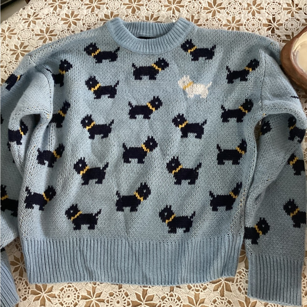Light Blue Dog-Pattern Crewneck Sweater